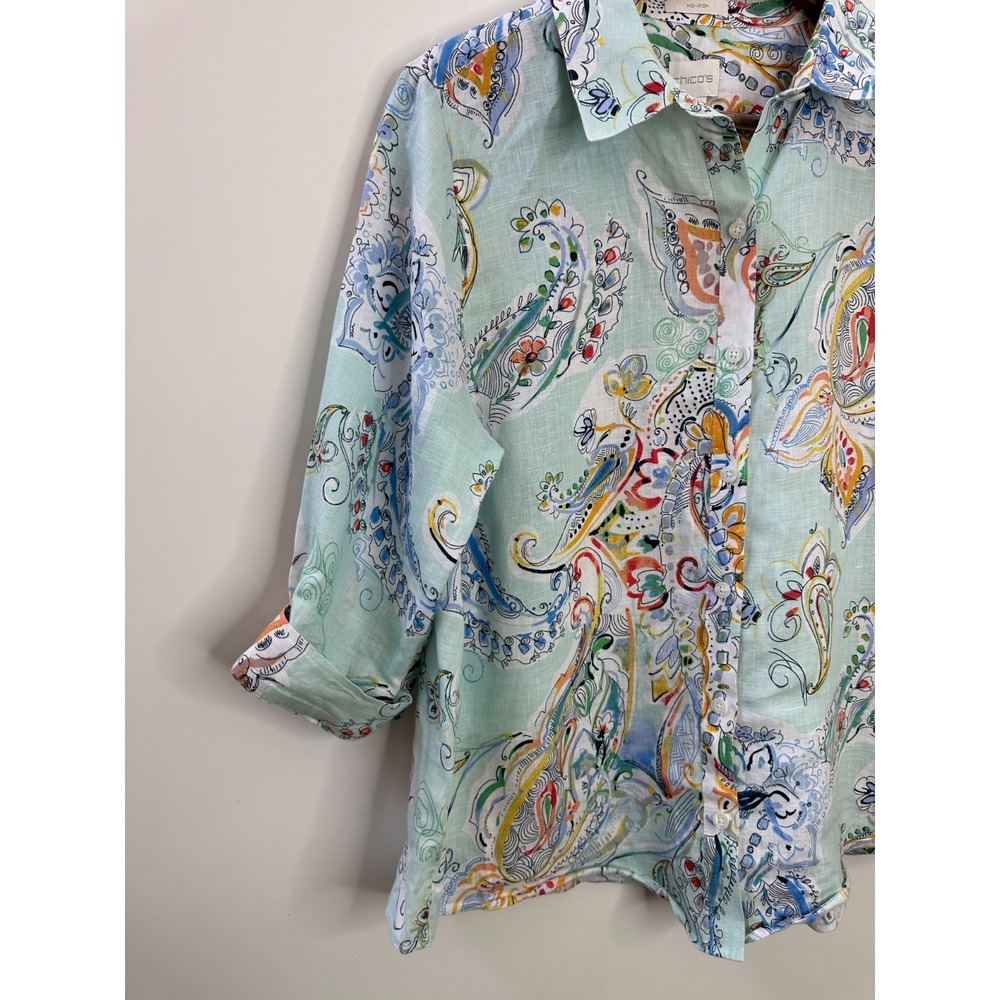 Chicos Effortless Linen Whimsy No-Iron Paisley Button Down Shirt Size 2 Large 12 - Picture 3 of 10